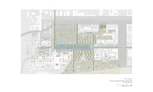 Campus de la Universidad de Saclay ecole centrale en Paris Diseño de plano de planta general de masterplan de Cruz y Ortiz Arquitectos