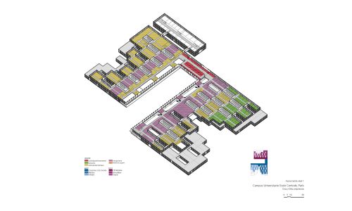 Campus de la Universidad de Saclay ecole centrale en Paris Diseño de plano de Axonometría de planta primera de Cruz y Ortiz Arquitectos