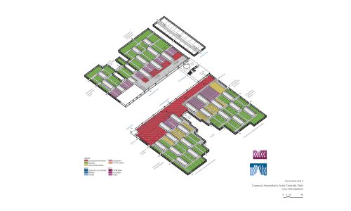 Campus de la Universidad de Saclay ecole centrale en Paris Diseño de plano de Axonometría de planta baja de Cruz y Ortiz Arquitectos