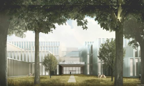 Campus de la Universidad de Saclay ecole centrale en Paris Diseño de paisaje en torno a fachadas en celosías de Cruz y Ortiz Arquitectos