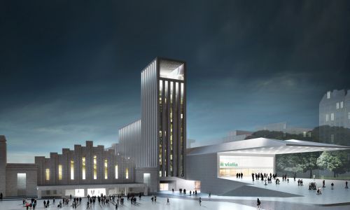 Estación de Ferrocarril de La Coruña Diseño de vista exterior de plaza pública hotel y centro comercial de Cruz y Ortiz Arquitectos