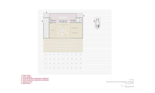 Hotel galería de arte stadionplein en Ámsterdam Diseño de plano planta baja de Cruz y Ortiz Arquitectos